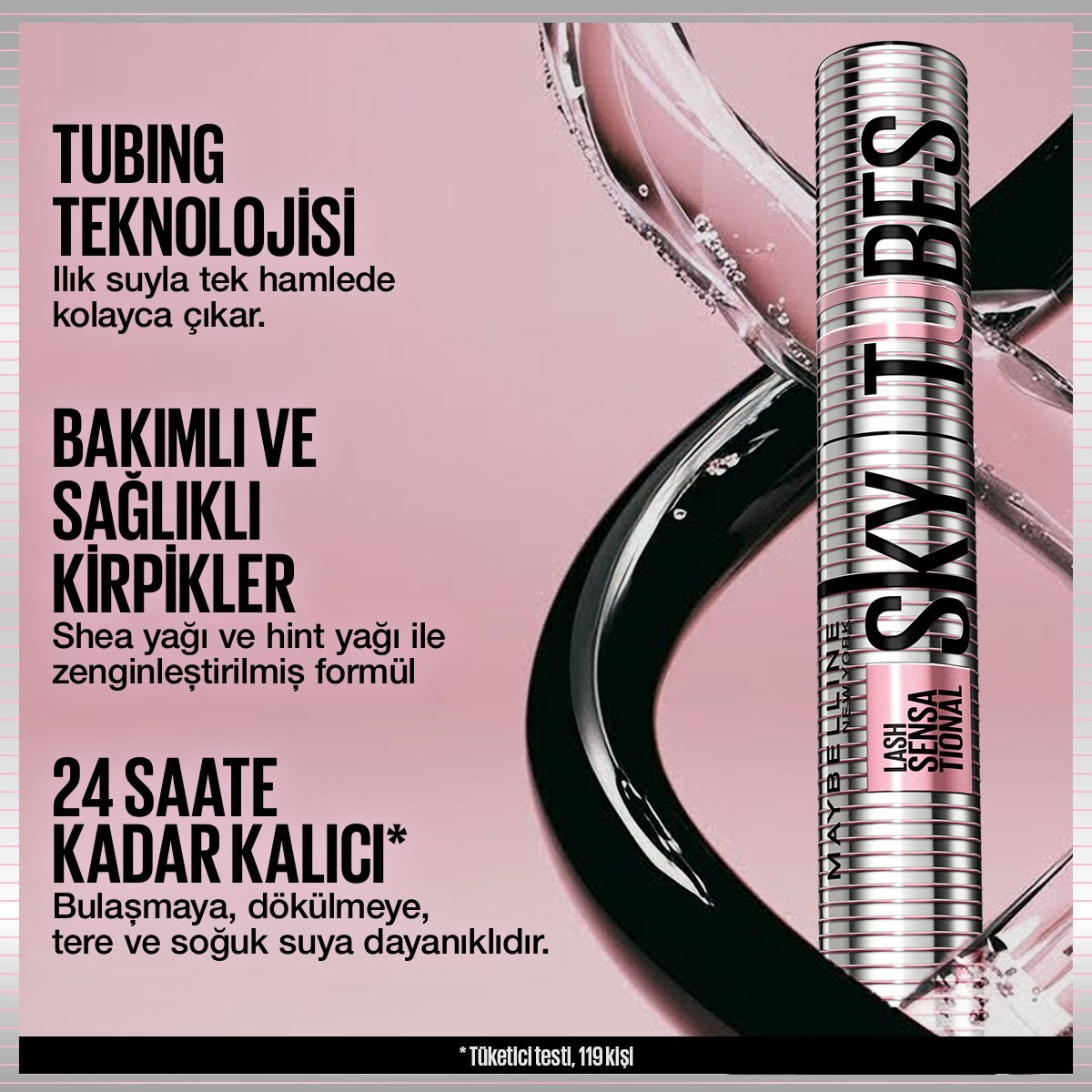 Maybelline Sky Tubes maskara 24 saate kadar kalıcı - shea yağı ve hint yağı ile zenginleştirilmiş bakımlı kirpik