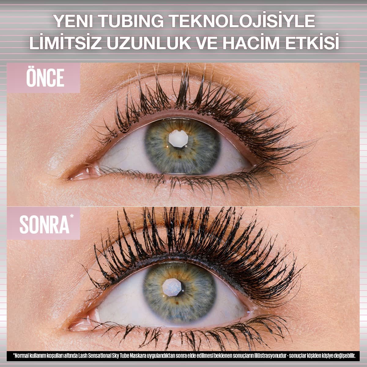 Sky Tubes tubing teknolojisi ile kirpik önce sonra sonucu - 24 saat kalıcı, bulaşmaya ve dökülmeye dayanıklı maskara