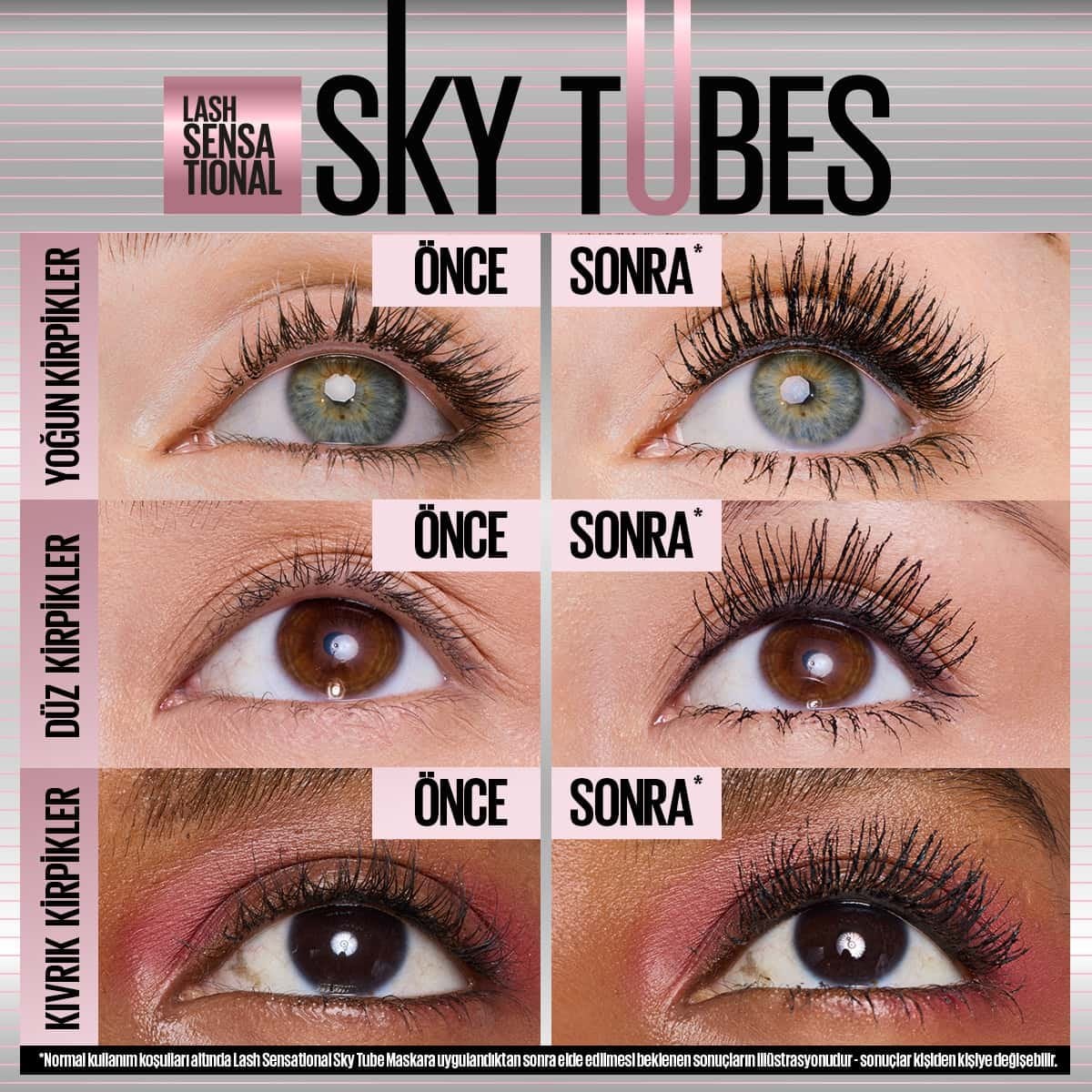Sky Tubes tubing maskara öncesi ve sonrası kirpik görünümü