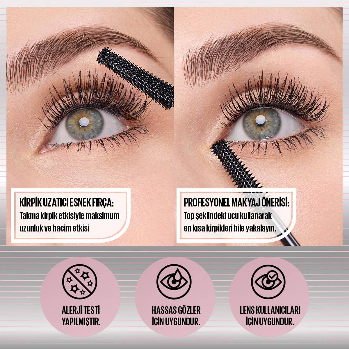 Maybelline Sky Tubes maskara kirpik uzatıcı esnek fırça - top uçlu fırça ile en iç ve dıştaki kısa kirpiklere ulaşım